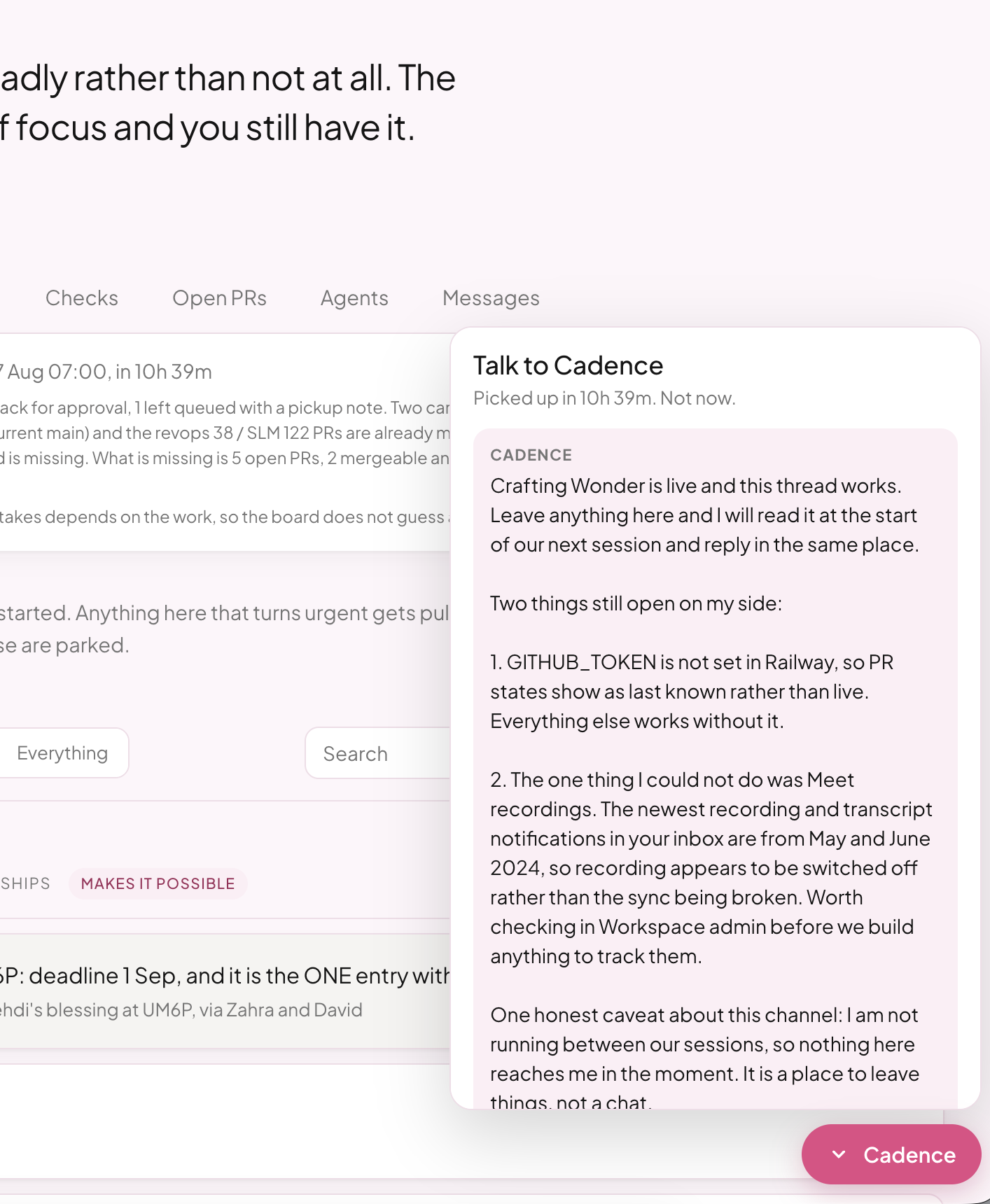 Talk to Cadence open on the board, showing a reply left between sessions