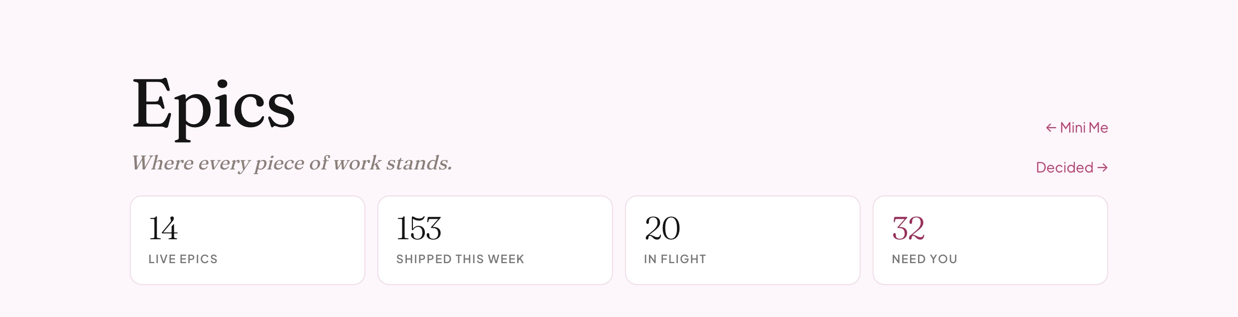 The epics page, showing fourteen live epics and what shipped this week