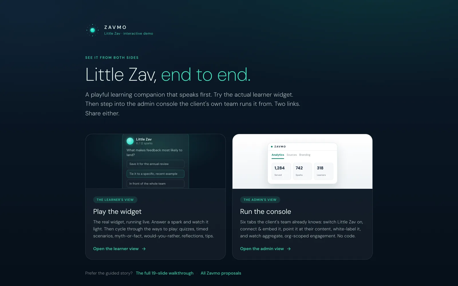 The Little Zav demo page, showing the learner widget asking a question and the admin console beside it